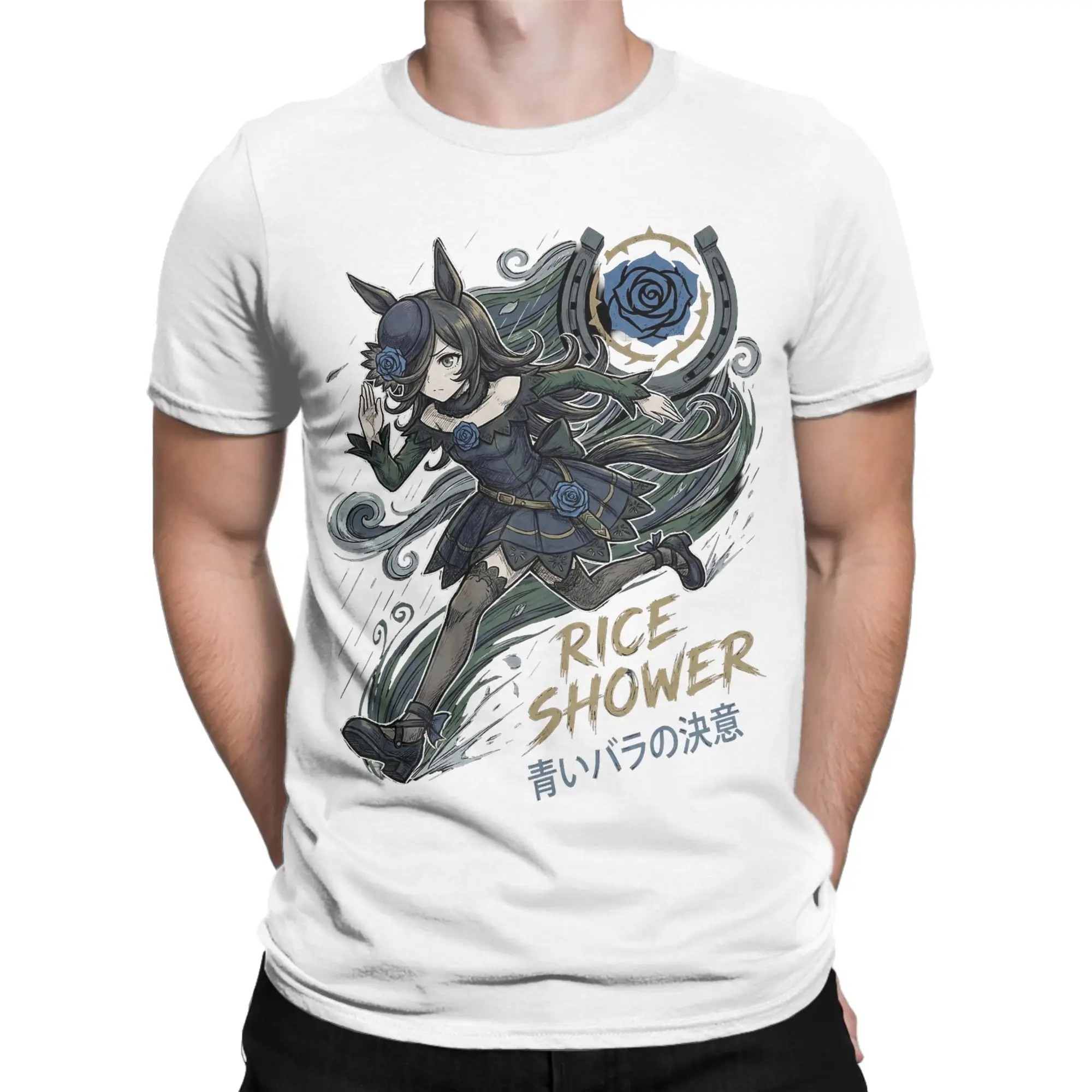 Rice Shower Umamusume Pretty Derby Horse Girl Men T Shirts Novelty Tees Short Sleeve O Neck T-Shirt 100% Cotton Big Size Clothes
