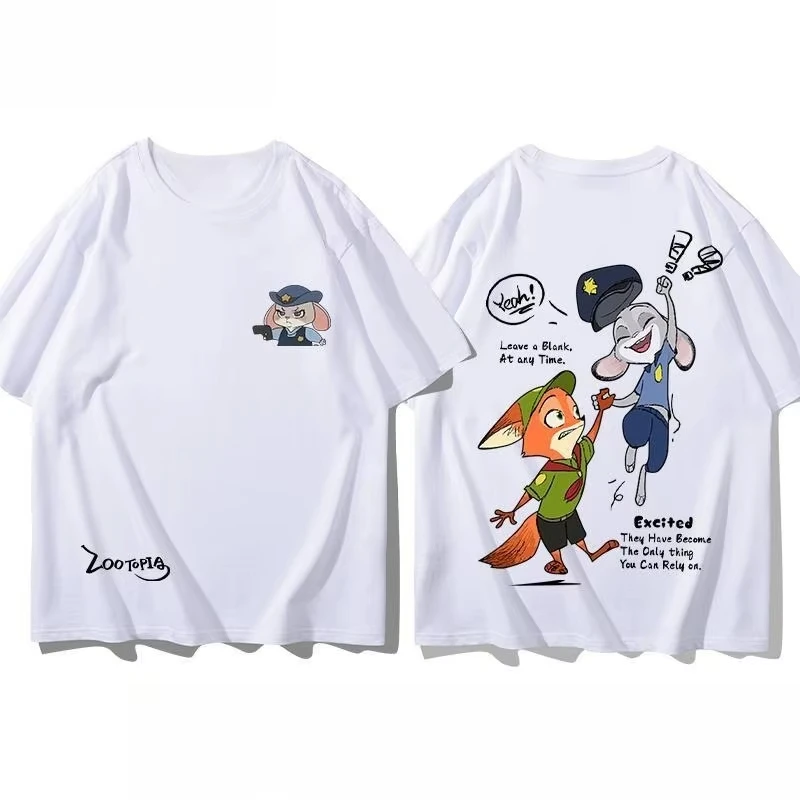 

2025 New Disney Crazy Zootopia Movie Peripheral Short Sleeve T-Shirt for Men and Women Nick Judy Couple Clothing Versatile Trend