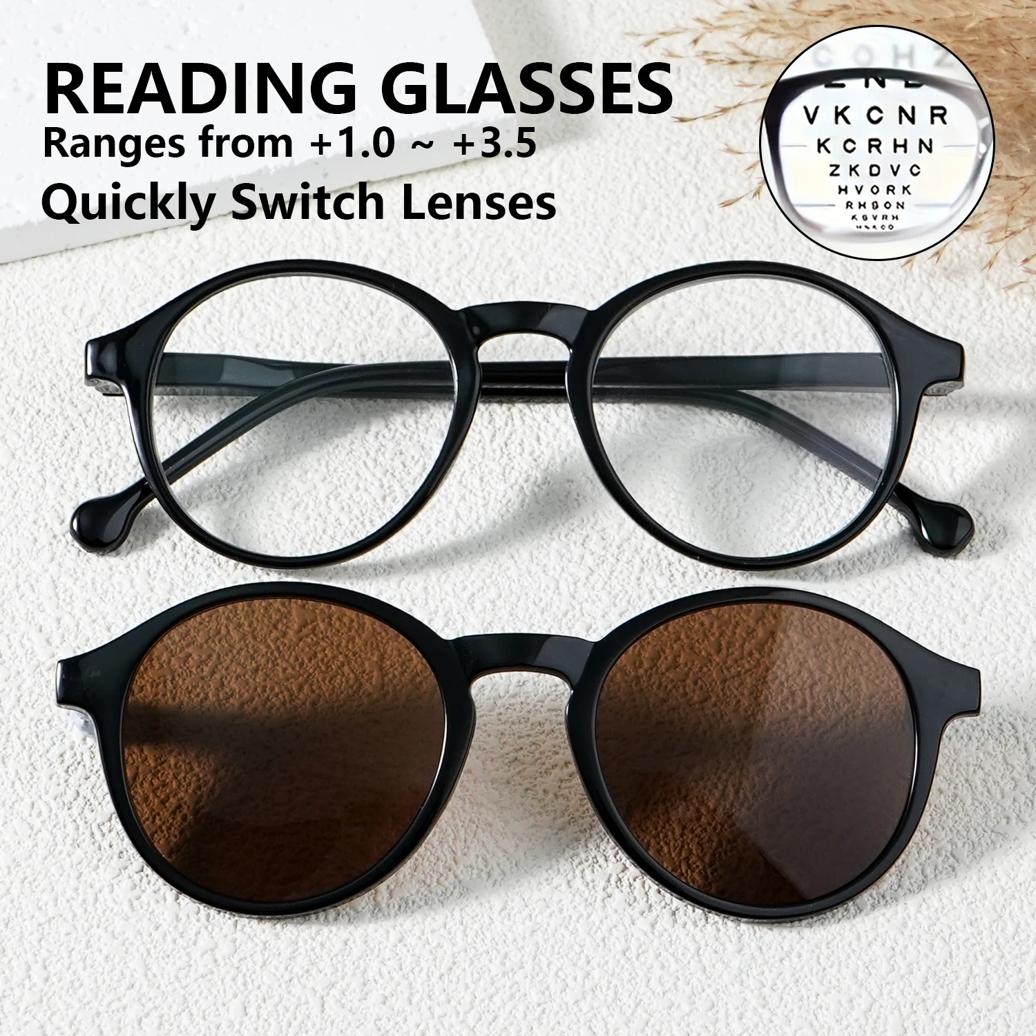 2 In 1 Magnetic Clip On Reading Glasses Retro Round Frame Readers with Sun Lenses Quick Magnet Adsorption Eyeglasses +1.0~+3.5