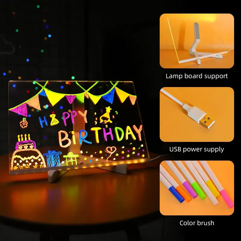 กระดานอะคริลิค DIY พร้อมไฟกลางคืน 7 สี ปากกา LED กระดานโน้ตสำหรับเด็ก กระดานเขียน LED กระดานวาดภาพ LED