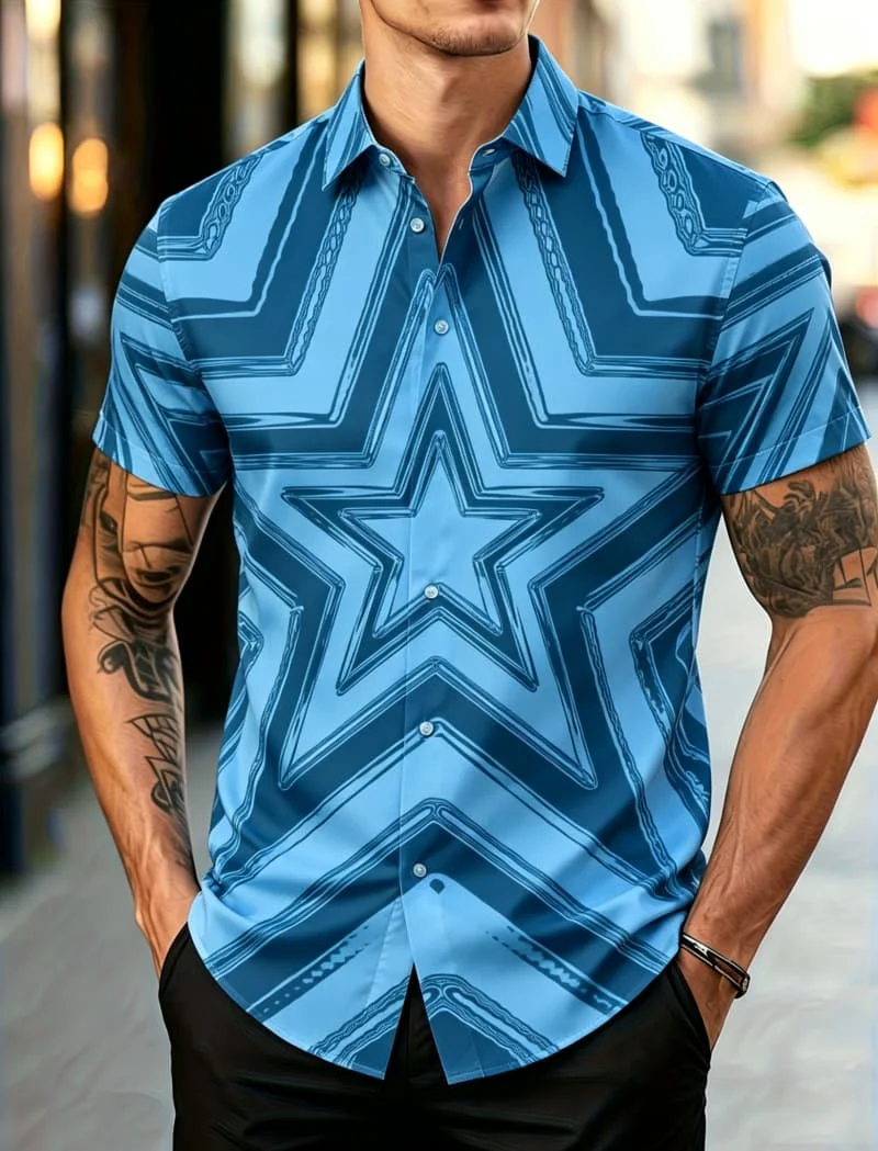 

Men's Versatile Star & Geometric Op Art Print Short Sleeve Button-Down Shirt, for Summer, Streetwear and All Occasions