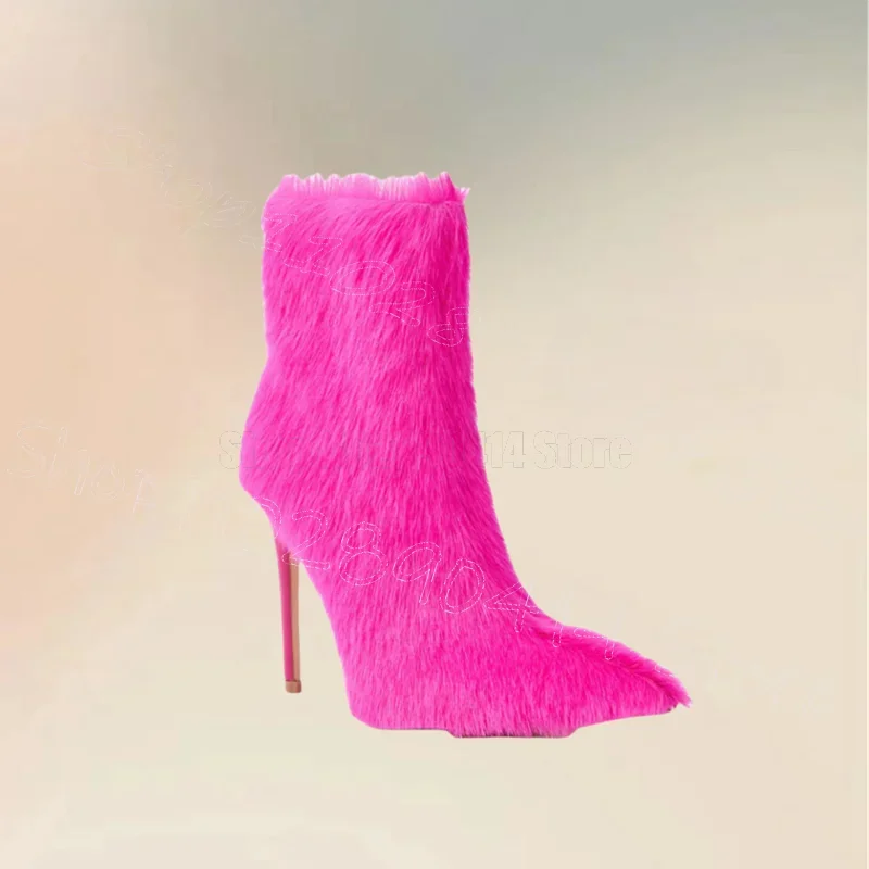 

Rose Red Horsehair Pointed Toe Ankle Boots Side Zipper Women Shoes Thin High Heels Party Banquet Dating 2025 Zapatos Para Mujere