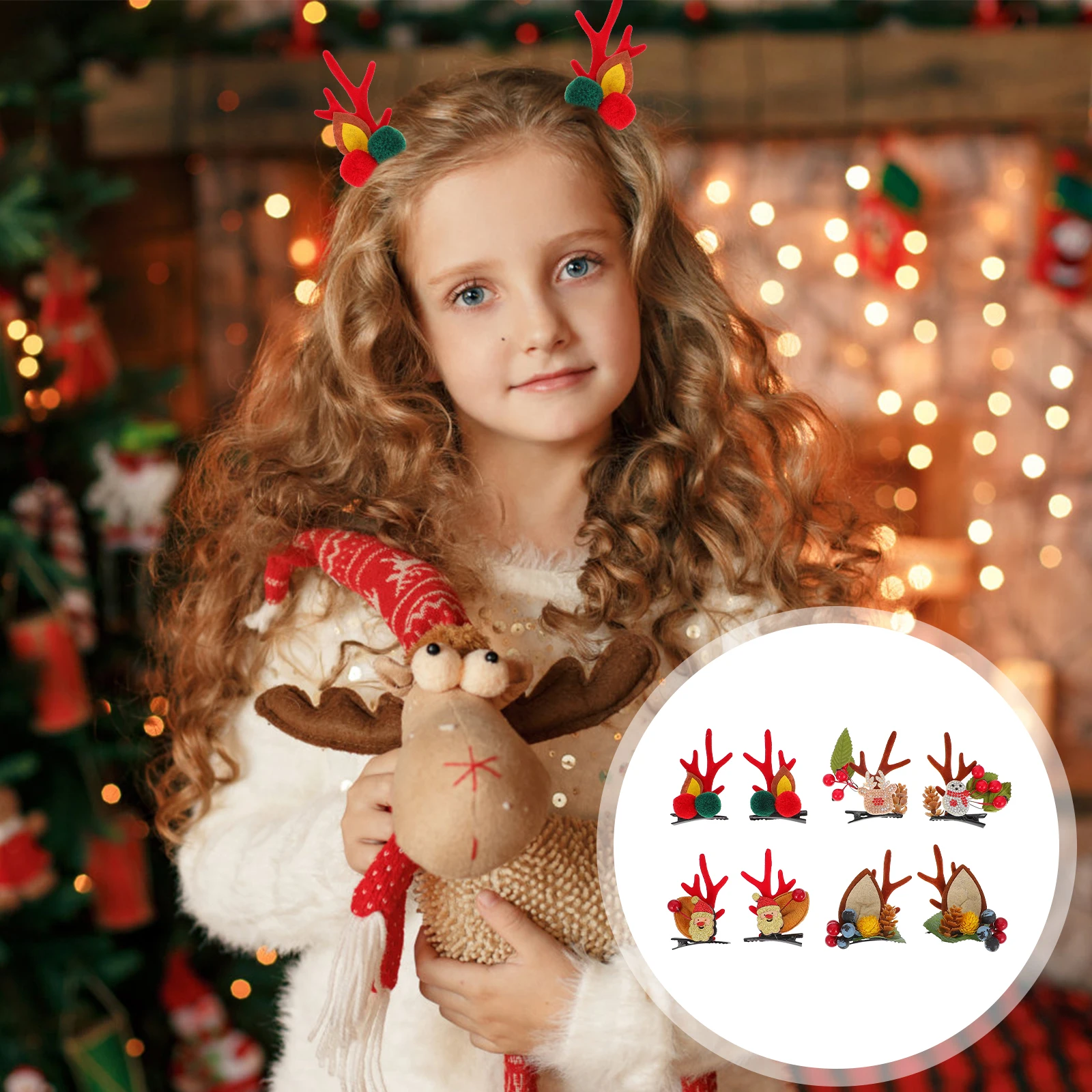 

4 Pairs Christmas Antler Hairpins Red Green Ball Deer Ears Clips Party Accessories Xmas Decorations Holiday Gifts