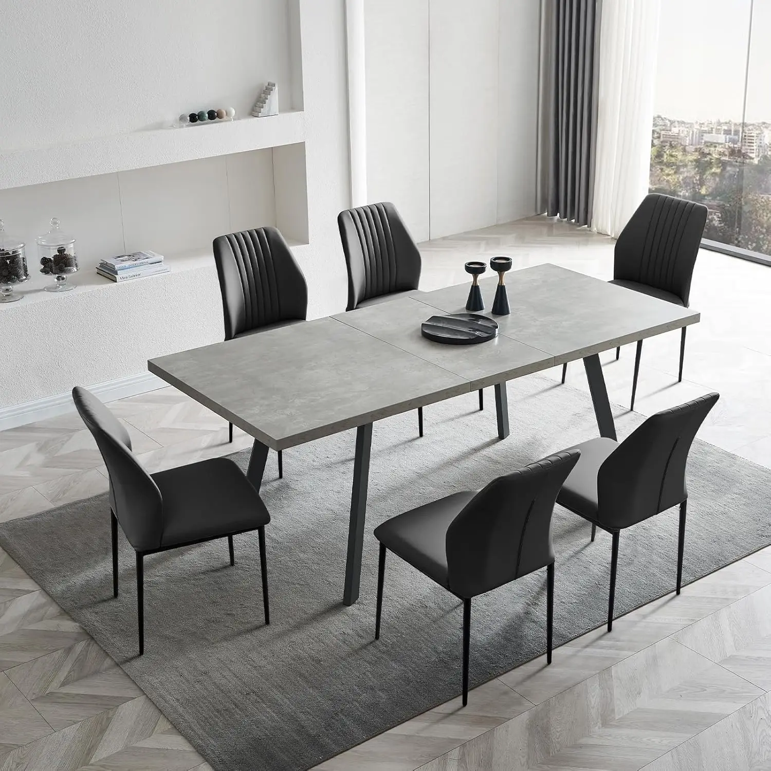 

7 Piece Dining Table Set 62 Inch Modern Kitchen Table with 6 Dining Chairs for 4-6 Person Expandable MDF Dining Table