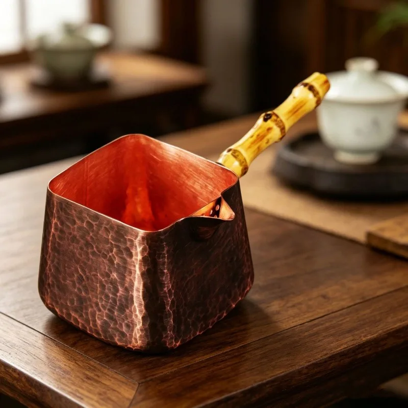 400ml Pure Copper Handcrafted Coffee Pot Tea Brewing Kettle, Bamboo Handle Built-in Filter Vintage Shape Home Pour Over Brewing