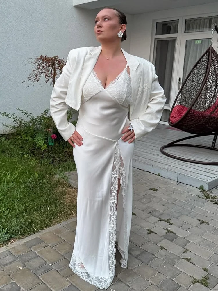 Lace Splice Slit Dress For Women Sleeveless Maxi Spaghetti Strap Sexy Dresses Satin Vacation Party Bodyocn Dress Vestidos