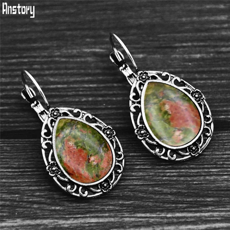 Vintage Drop Natural Jades Earrings Antique Silver Plated Natural Unakite Stone Flower Pendant Fashion Women Earring