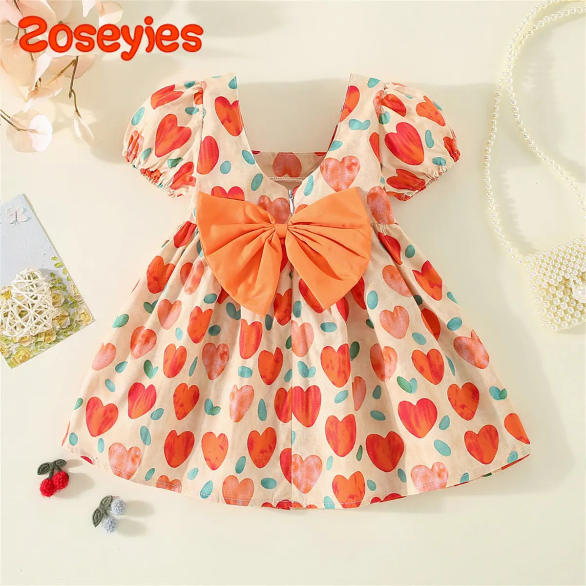 Summer Preschool New 0-3 Year Old Love Print Bow Short Sleeve Daily Knee Length Girls\' Dress