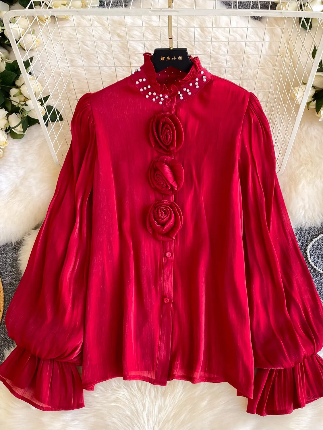 

New Elegant 3D Flower Long-sleeve Shirt for Women Korean Loose Slim Beads Solid Color Blouse Tops Clothes