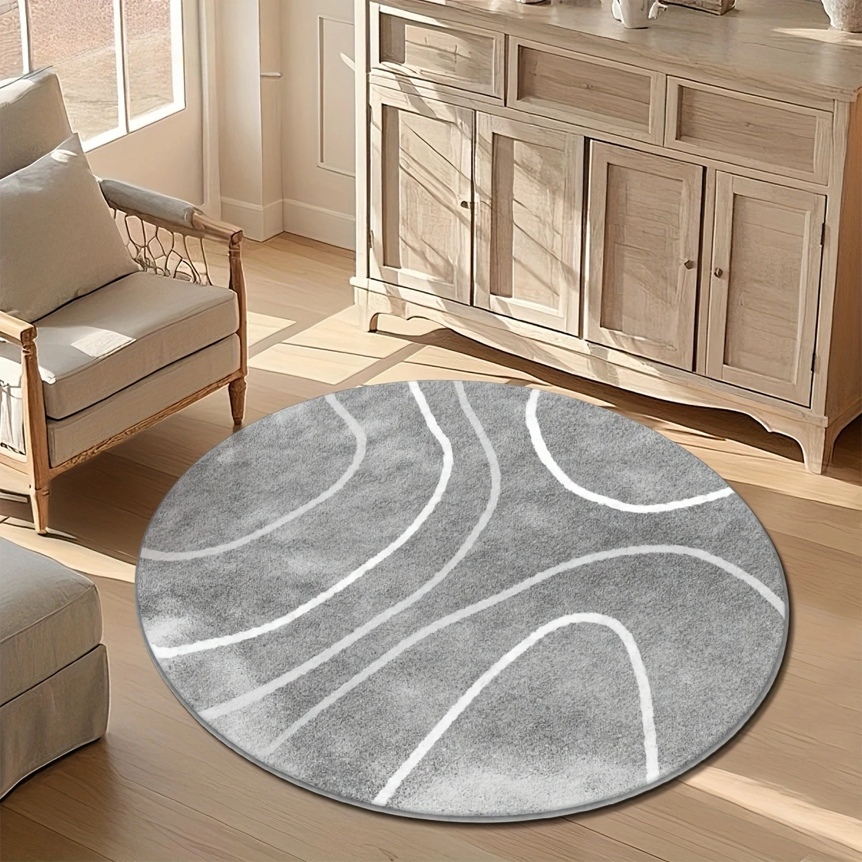Modern Geometric Radial Line Round Rug  Black White Gold Foil Sunburst Strip Non Slip Circular Floor Mat for Living Room Bedroom