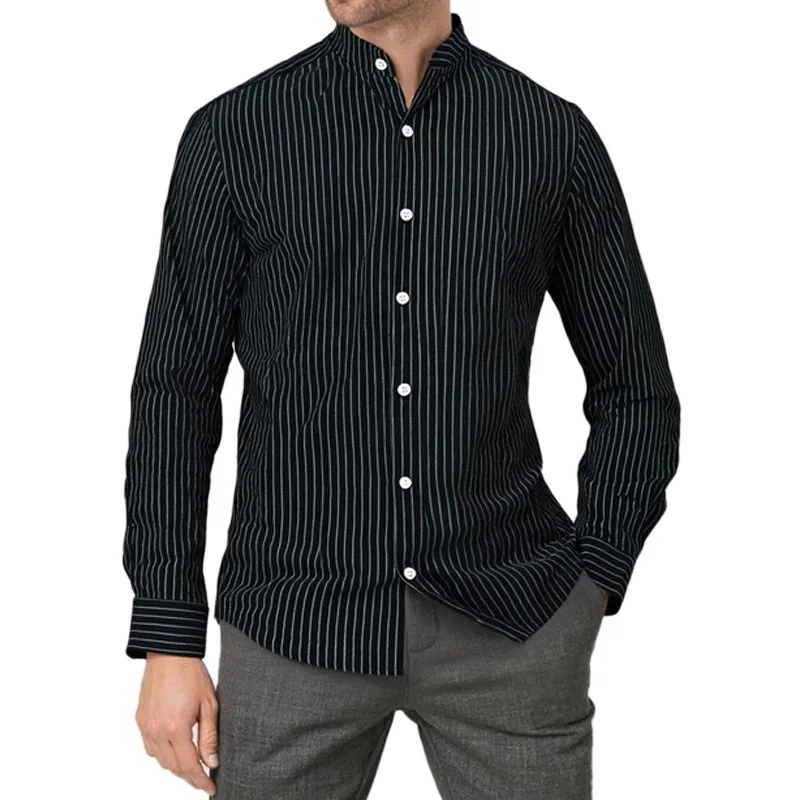 

High Quality Stripes 95% Linen Shirts For Men Spring Autumn Long Sleeved Stand Collar Light Luxury Top Fashion Gentleman Shirt