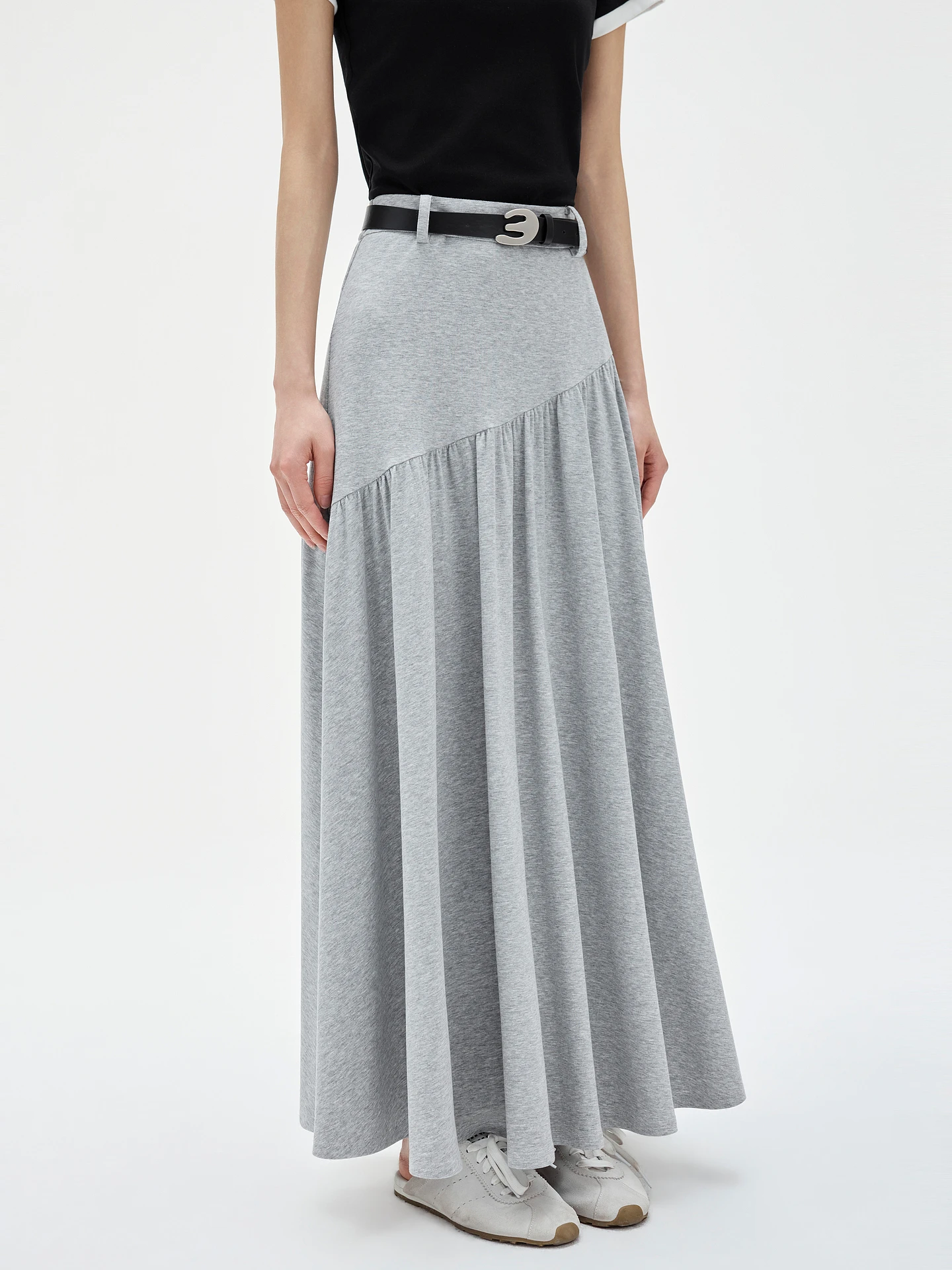 Grey Casual Draped A-Line Skirt ELLE Commuter Style High Elasticity Polyester Fiber Cotton Lycra Fiber Knitted mid Waist