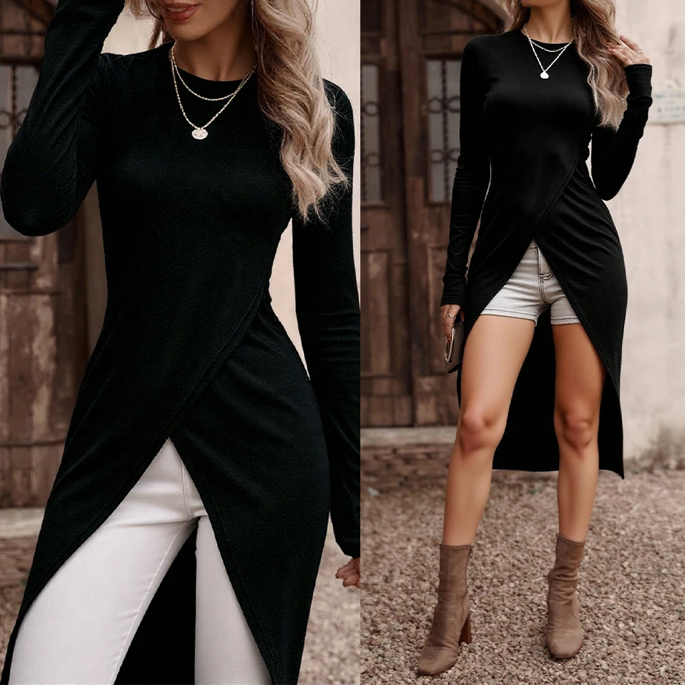 سترة نسائية غير متماثلة بأكمام طويلة: مقاس نحيف قابل للتمدد - ملابس كاجوال للخريف/الشتاء، بلوزة متعددة الألوان بحاشية عالية ومنخفضة #1