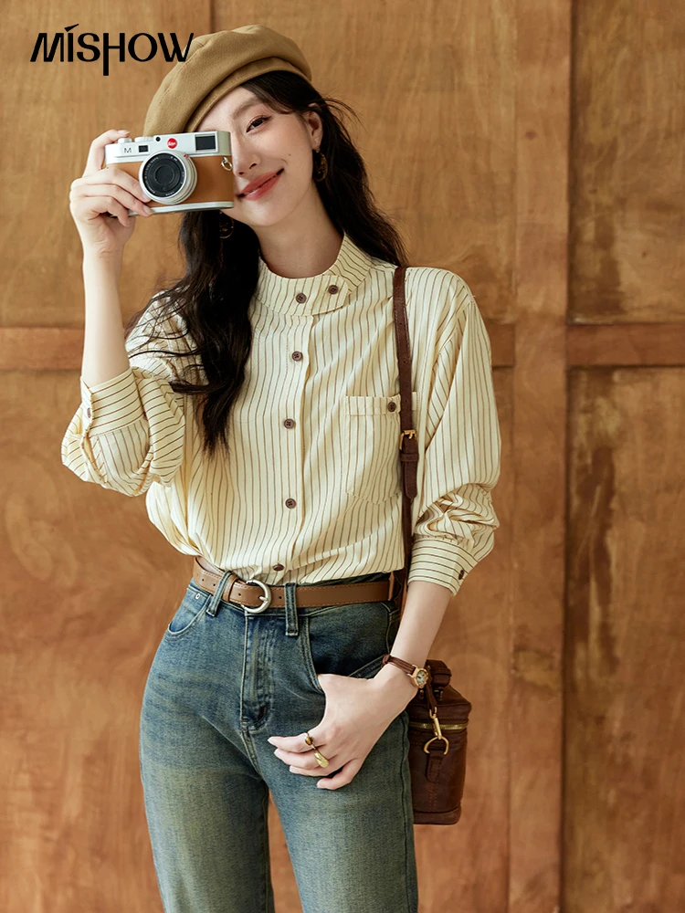 MISHOW French Retro Striped Shirt for Women 2024 Autumn Korean Stand Collar Long Sleeve Top with Pocket Office Lady MXD44C0350