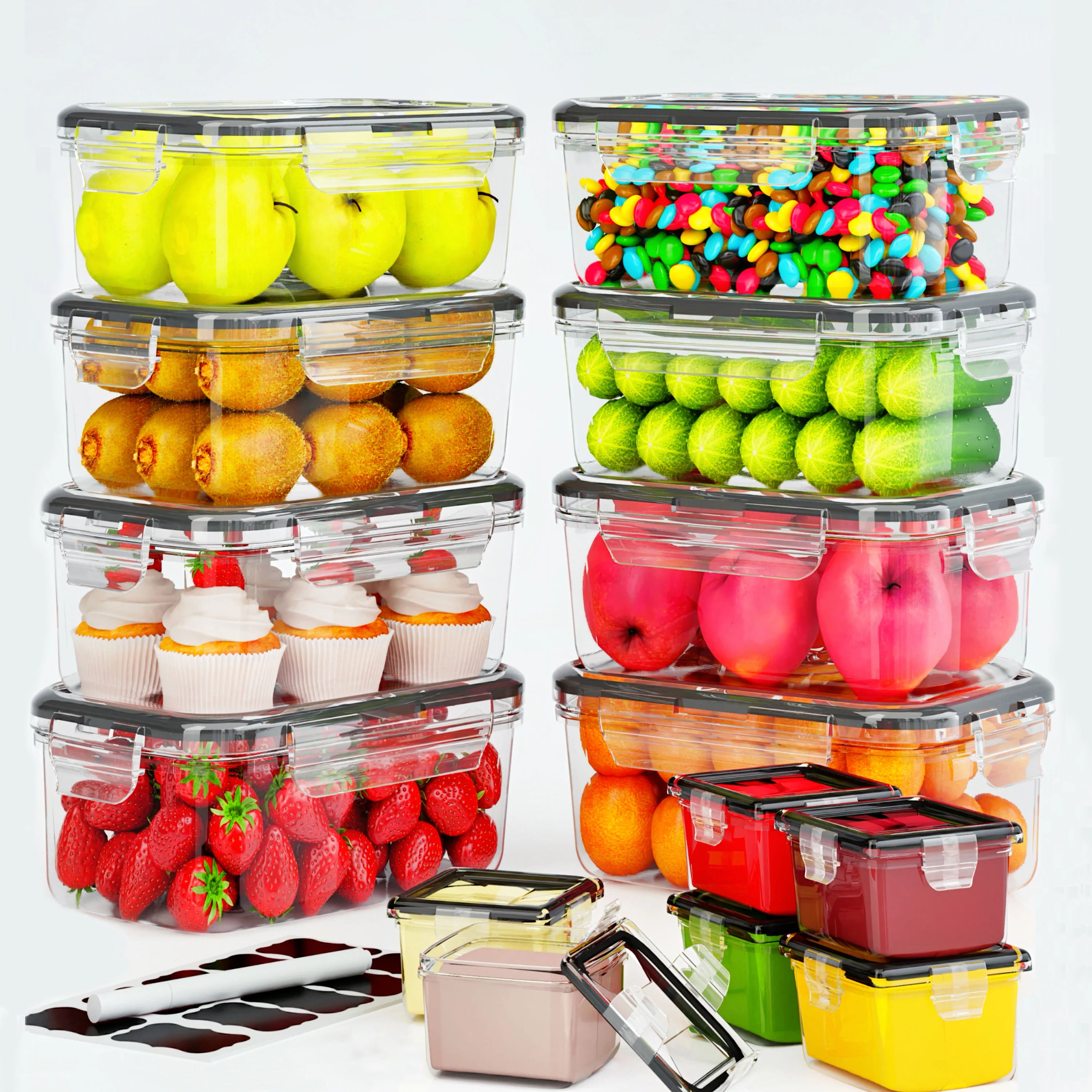 Image of 14-teiliges Set Luftdichte Lebensmittelbehälter mit Deckeln, Stapelbare BPA-freie Plastik-Mahlzeitbehälter, Vielseitige Küchen-Aufbewahrungsdosen für Obst, Gemüse, Snacks, Trockenfutter mit Etiketten