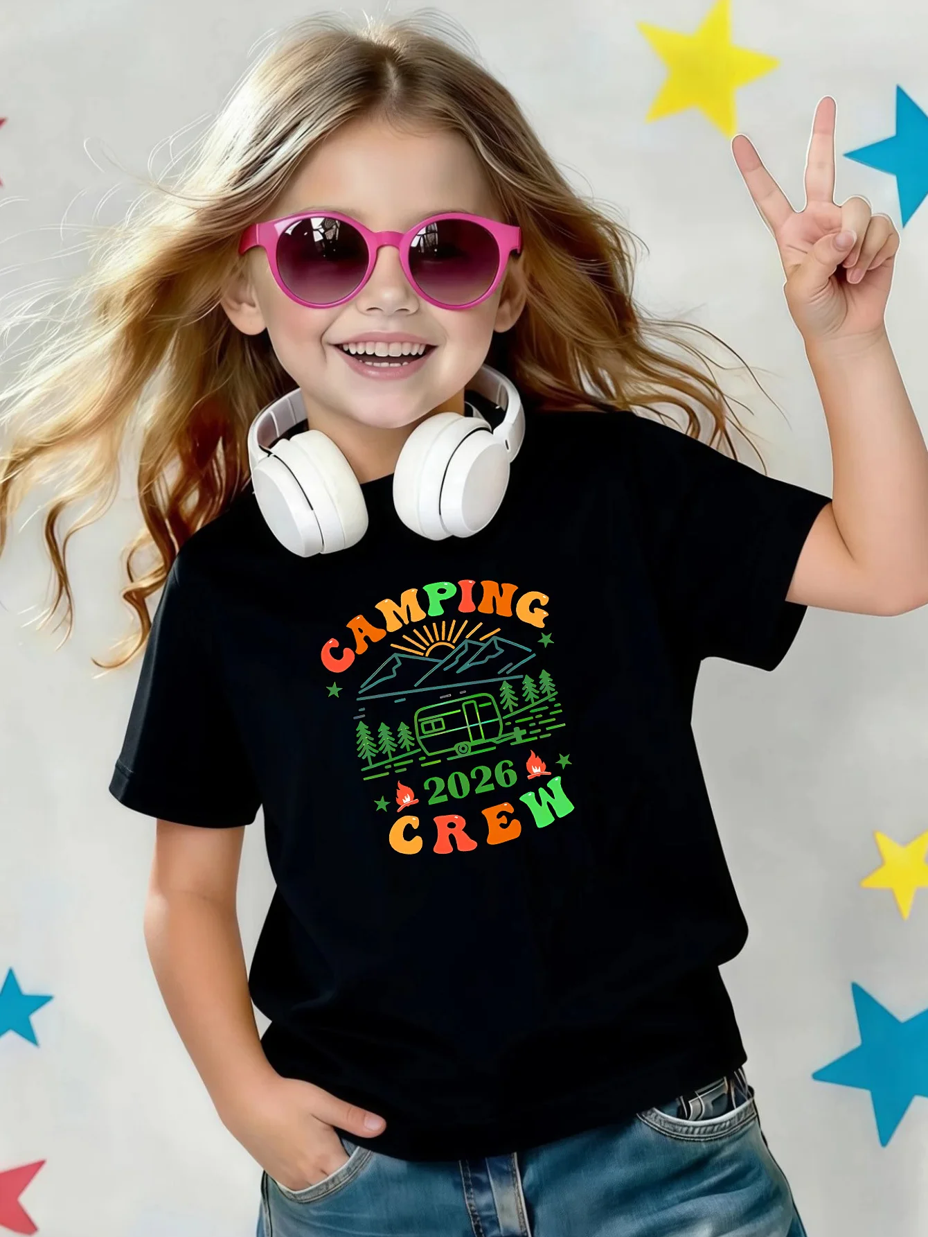 Camping Crew 2026 Letter Graphic Kids Tee Boys Girls Family Matching Cotton Crew Neck Short Sleeve Soft Casual Summer Tee