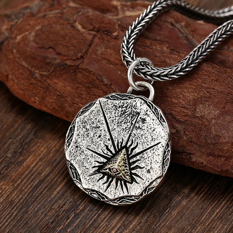 Indian Pure Silver Pyramid Eye of Knowledge Pendant, Hanging Tag, Necklace, Trendy, Simple Retro Thai Silver Jewelry