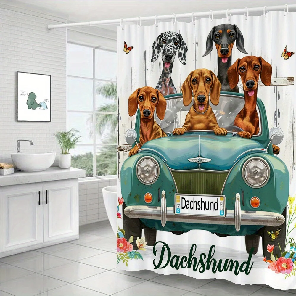 Funny Dachshund Dog Family Group Portrait Shower Curtain - Cute Canine Dog Lover Bathroom Decor Shower Curtain
