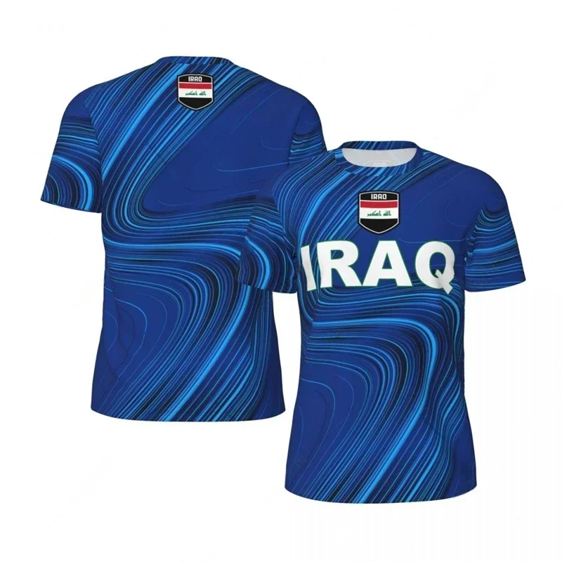 تي شيرت كرة القدم للرجال مطبوع عليه علم العراق، تي شيرت رياضي بشعار وطني عصري، تي شيرت كاجوال كبير يسمح بمرور الهواء