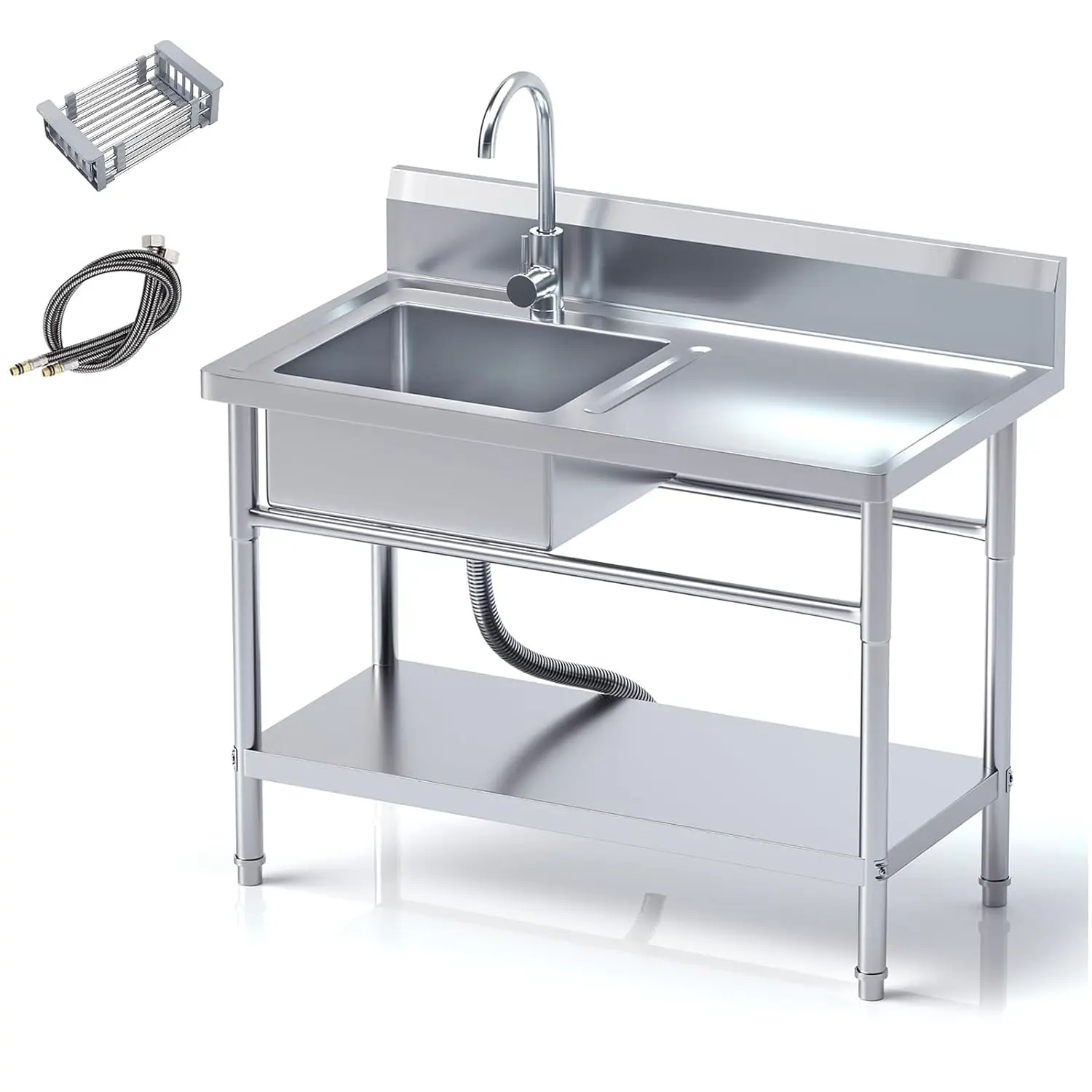 

Stainless Steel Utility Sink, Free Standing Single Bowl Commercial Kitchen Sink with Faucet and Hot & Cold Water, Customized