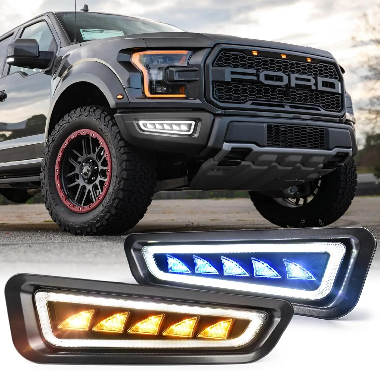 

MOVOTOR для противотуманных фар F150 с ледяным синим светодиодным янтарным последовательным указателем поворота дальнего света для Ford Raptor 2017-2020 гг.