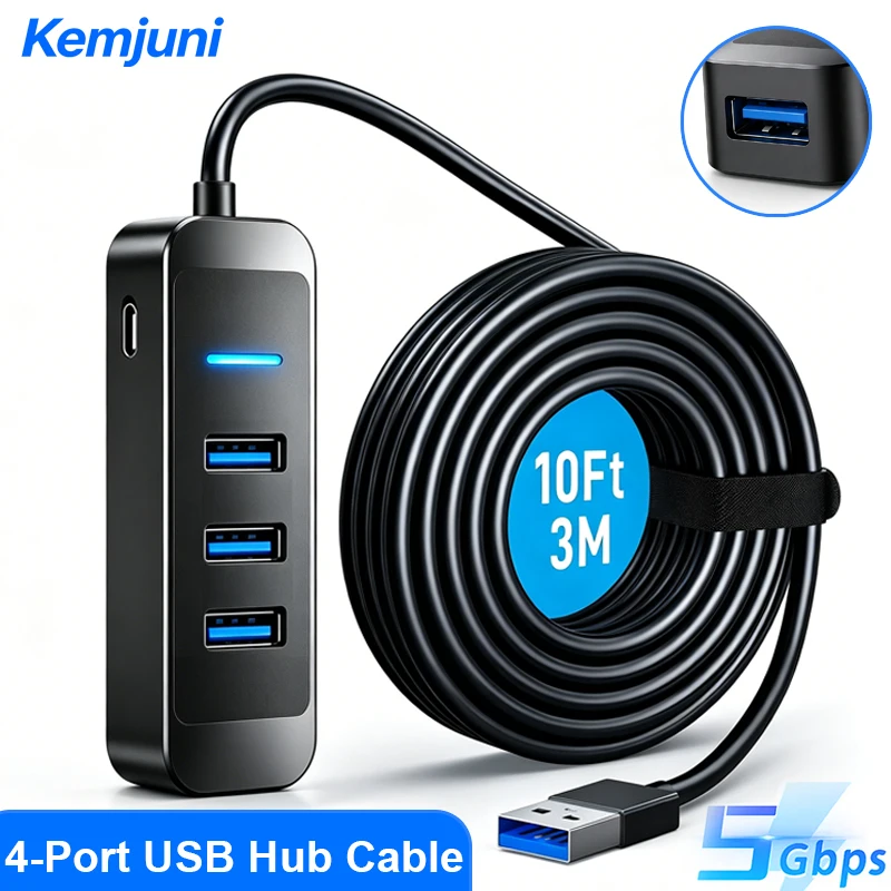 

USB 3.0 Hub 4-port USB Extension Cable for 5GBPS Transmission Long Cable 10FT for Desktop Computers, Laptops, Mac, Windows