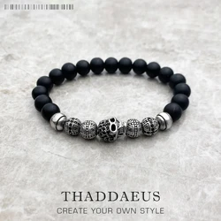 Pulsera de cuentas de Cruz de calavera para hombres y mujeres, joyería Punk de moda rebelde de estilo europeo, regalo de obsidiana de Plata de Ley 925