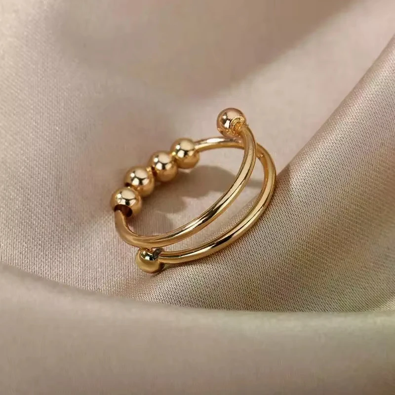 FTCY Anxiety Balls Beads Rings For Women Stainless Steel Open Spinner Adjustable Finger Ring Otating Freely Anti Stress Jewelry