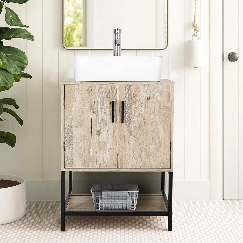 *-24 Inch Wood Oak Bathroom Modern Double Door Vanity Storage Cabinets With Sink Faucet and Accessories%