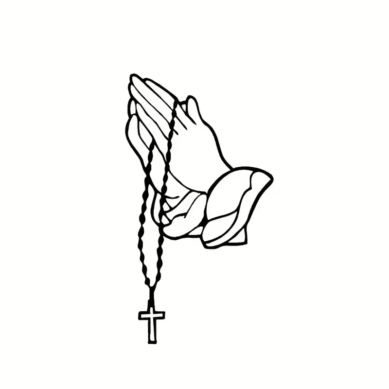 Praying Hands Car Sticker - Self-Adhesive Black & White Faith Decal with Rosary Beads & Cross Design, Matte PVC/ Vinyl Bumper Wi