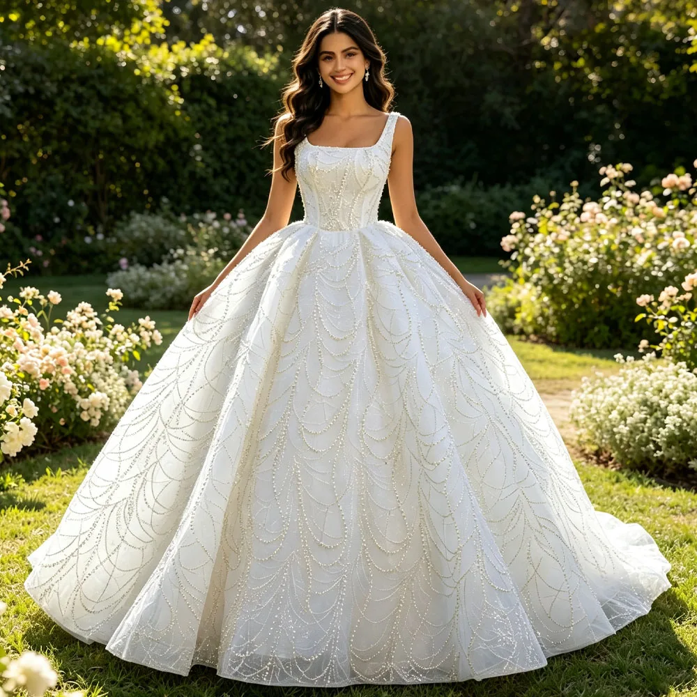 Gorgeous Wedding Dress Square Collar Sleeveless Lace Up Back Beading Sequined Embroidery Bridal Dress
