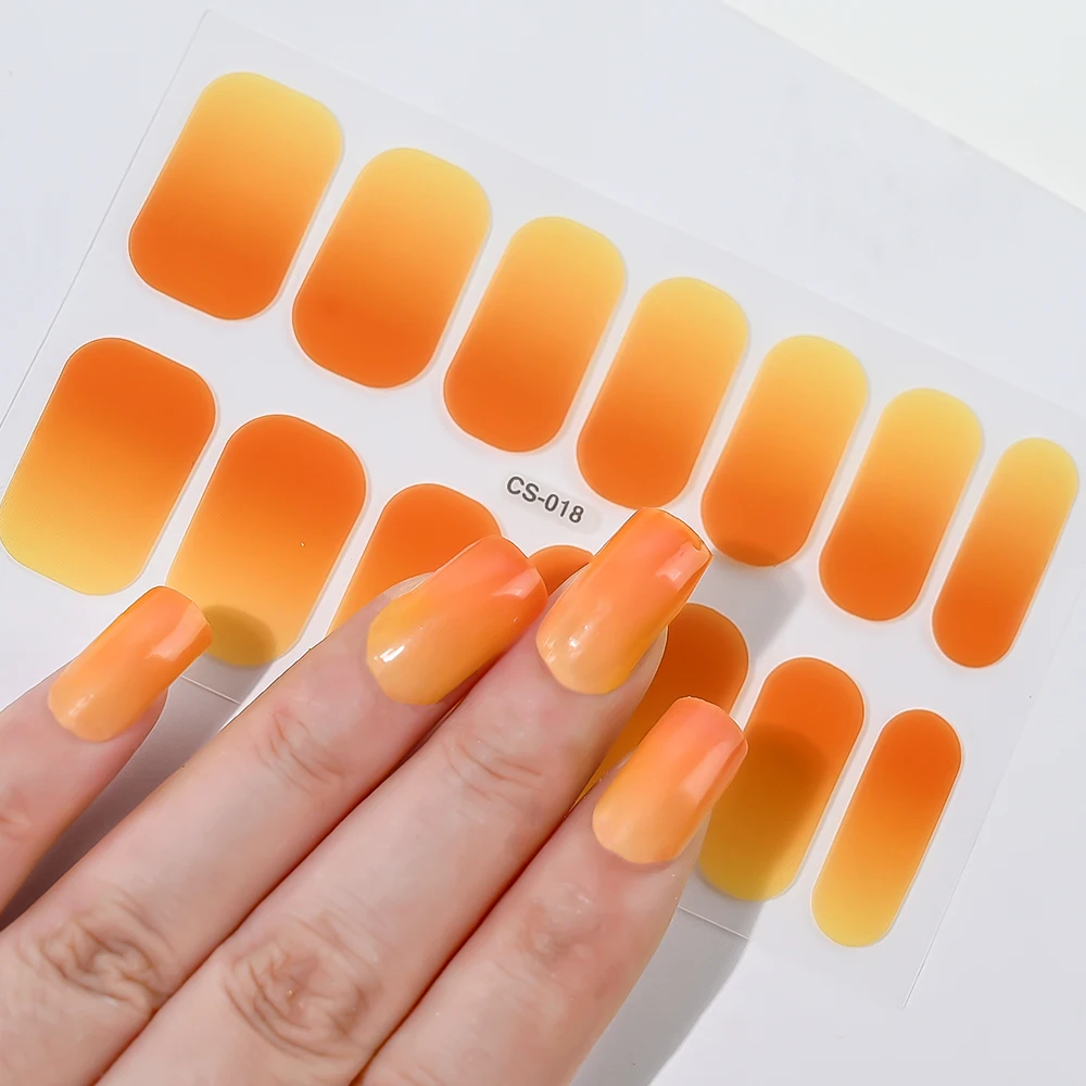 14Tips Gradient/Solid Color Nail Art Stickers Full Cover UV Gel Polish Nails Wraps Semi-Cured Self-Adhesive Manicure Patches *&#