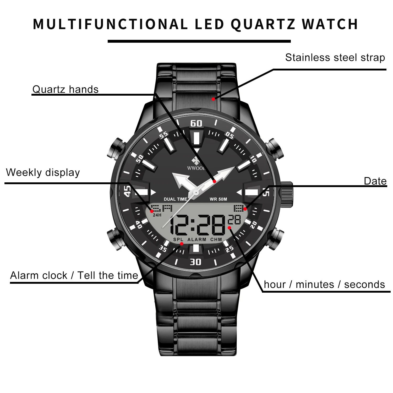 WWOOR Luxury Men\'s Watch Digital Sport Waterproof Steel Military Quartz Wristwatch Fashion Luminous Male Clock relogio masculino