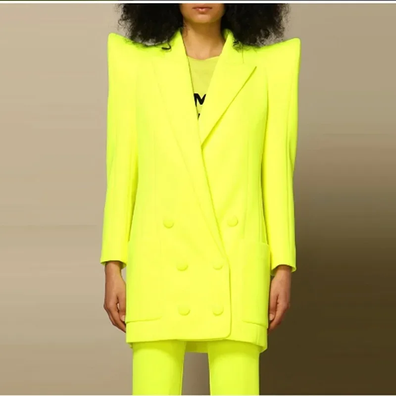 

Newest Fashion 2025 Designer Jacket Women Peak Strong Shoulder Double Breasted Long Blazer Fluorescein