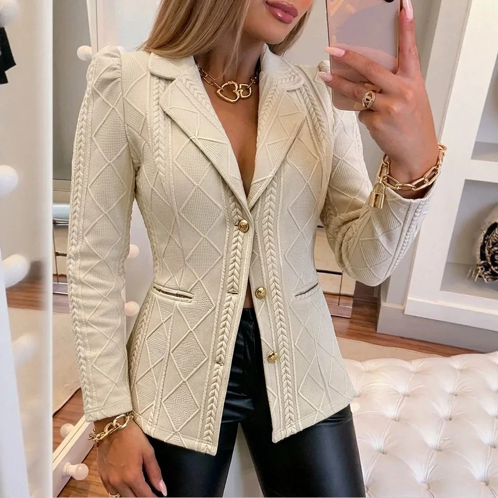 Ladies' Autumn Elegant Diamond Embossed Texture Lapel With Gold Buttons Fluffy Shoulders Slim Fit Chic With Pockets Office Coat