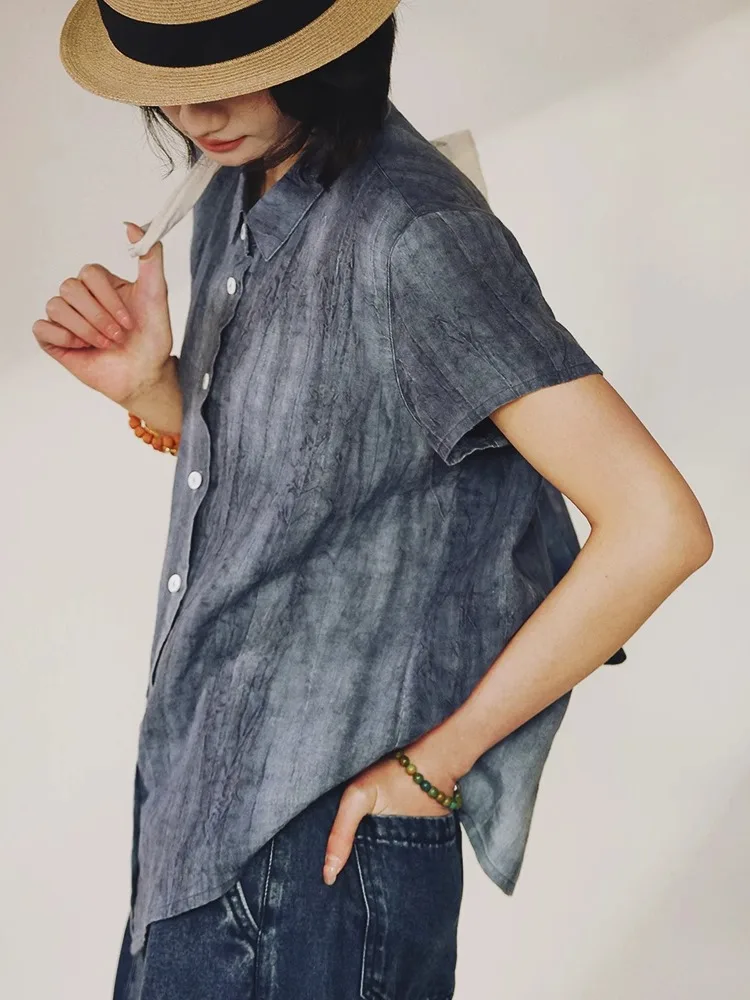 

Новая женская рубашка в китайском стиле с коротким рукавом, из льняной ткани, с эффектом окрашивания и отбеливания, летний топ с воротником, стандартный крой