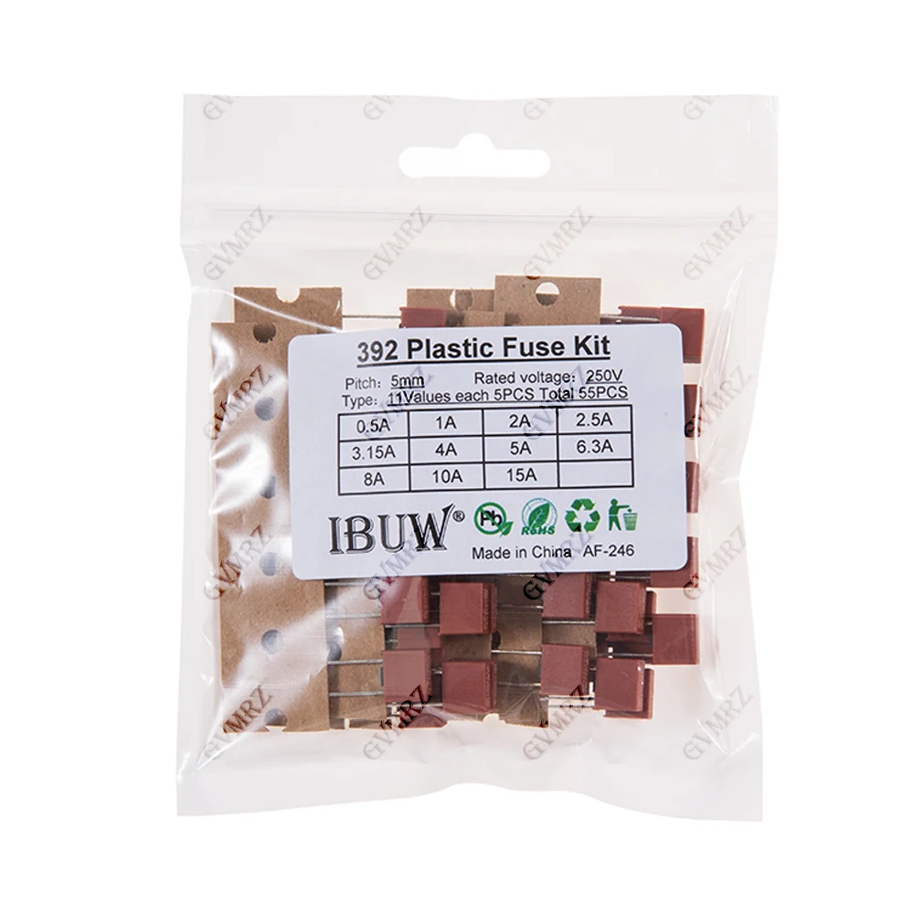 55PCS 11Values 392 Plastic Fuse Kit (0.5A/1A/2A-15A) 250V for DIY Electronic Overcurrent Protection Project 0.5A 1A 2A