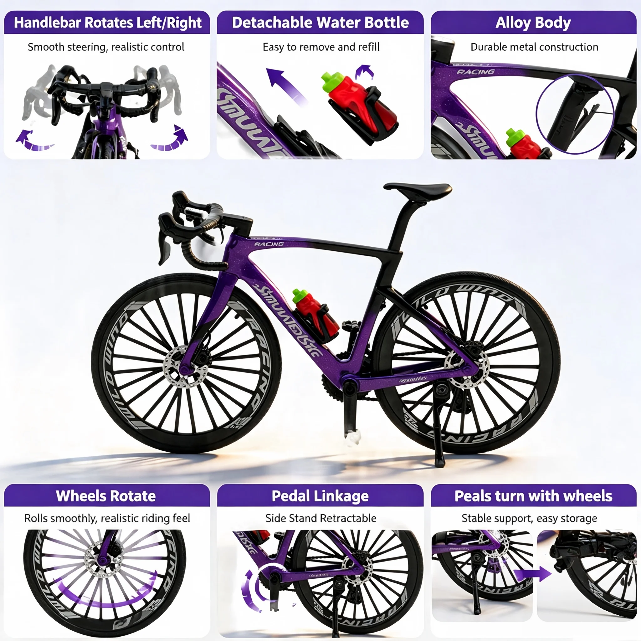 1:8 Scale Alloy Road Bike Model Simulation Mini Bicycle Replica Movable Handlebar Rotatable Wheels Linkage Pedal Detachable Wate