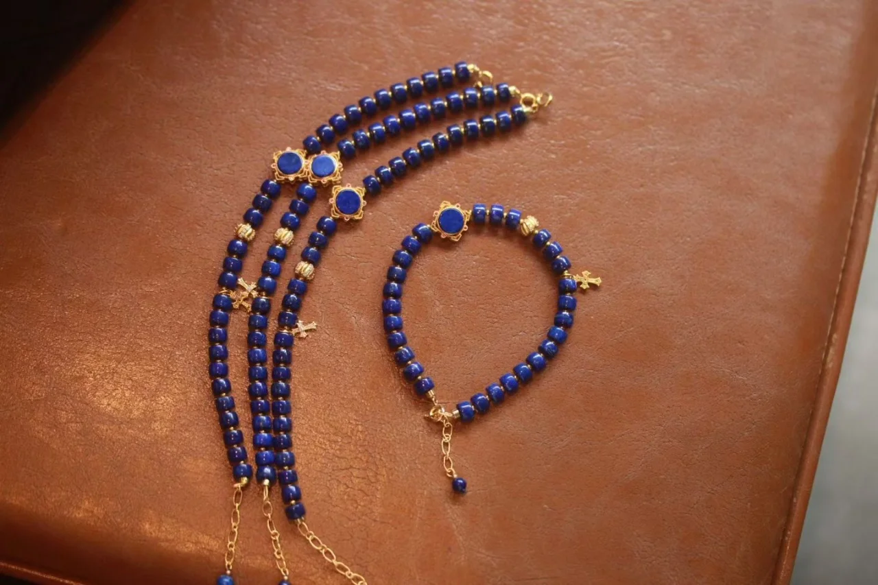 Certificated Natural Afghan Lapis Bead String Bracelet For Women Men Unisex Lazuli Charm Strand 925 Silver Cross Bangle Jewelry