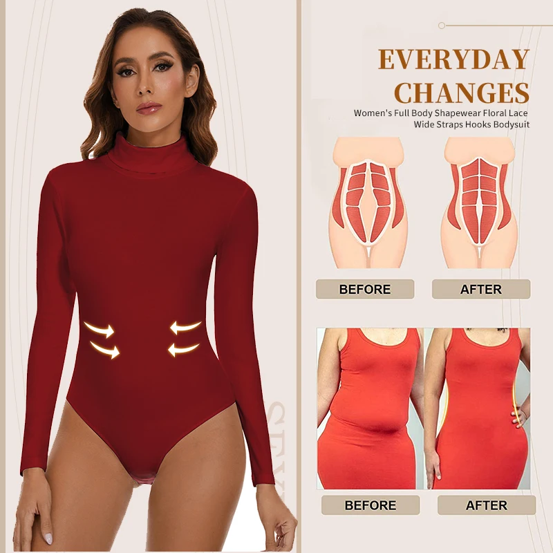 Bodysuit Shapeswear Women Full Body Shaper High Collar Long Sleeve Tummy Control Slimming Sheath Thigh Slimmer Abdomen Corset