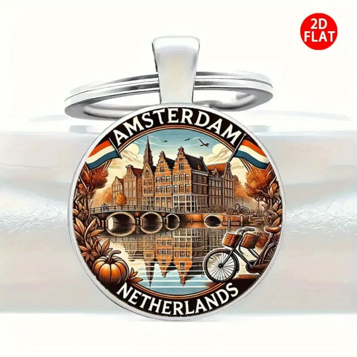 Llavero de paisaje holandés retro plano 2D: diseño de colores otoñales de Amsterdam, llavero de aleación de zinc, accesorio liviano y duradero