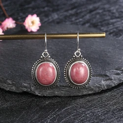 S925 Silver Earring Oval Natural Rhodochrosite Tiger Eye Hoop Earrings for Women Girls Jewelry Party Engagement Gift