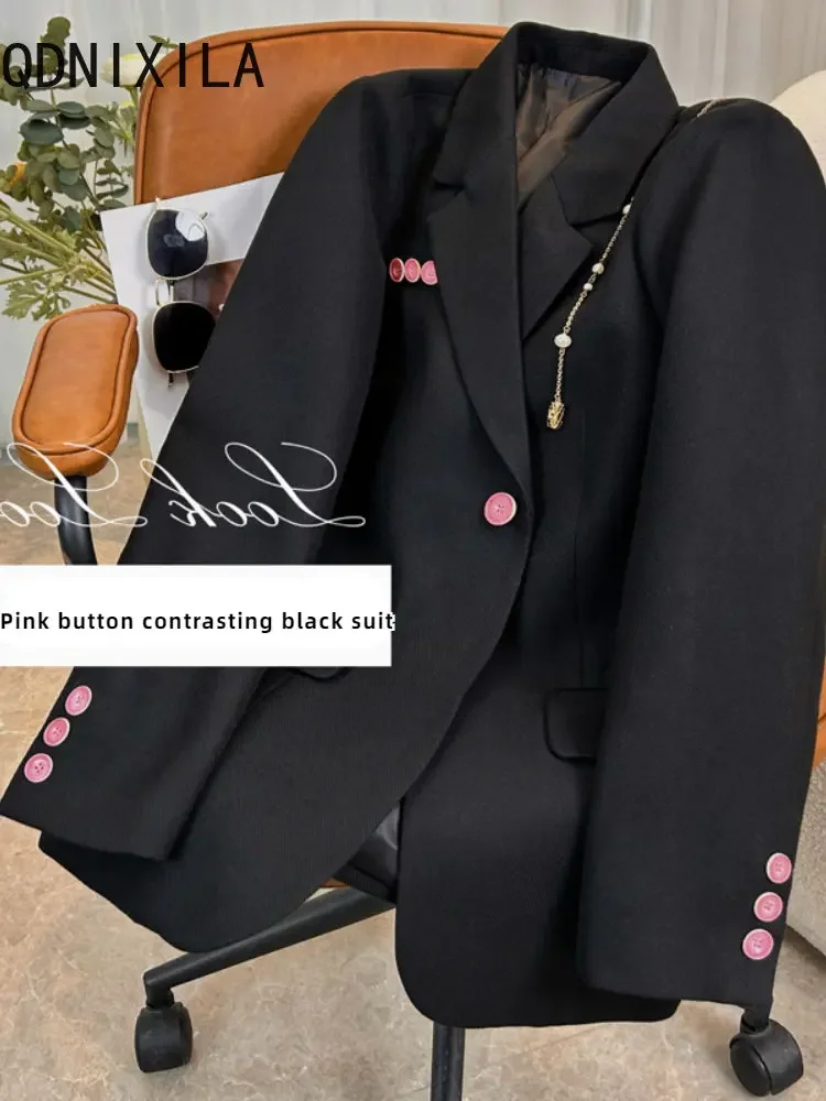 Korean Fashion Blazer Women New In Outerwears Pink Button Temperament  Autumn Black Blazers Long Sleeve Top Casual Jacket Coats