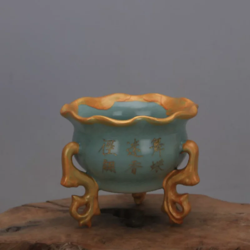 Vintage Ru Kiln Tripod Incense Burner with Flared Lotus Rim - Traditional Chinese Ceramic Artwork, Desktop Decor & Collectible