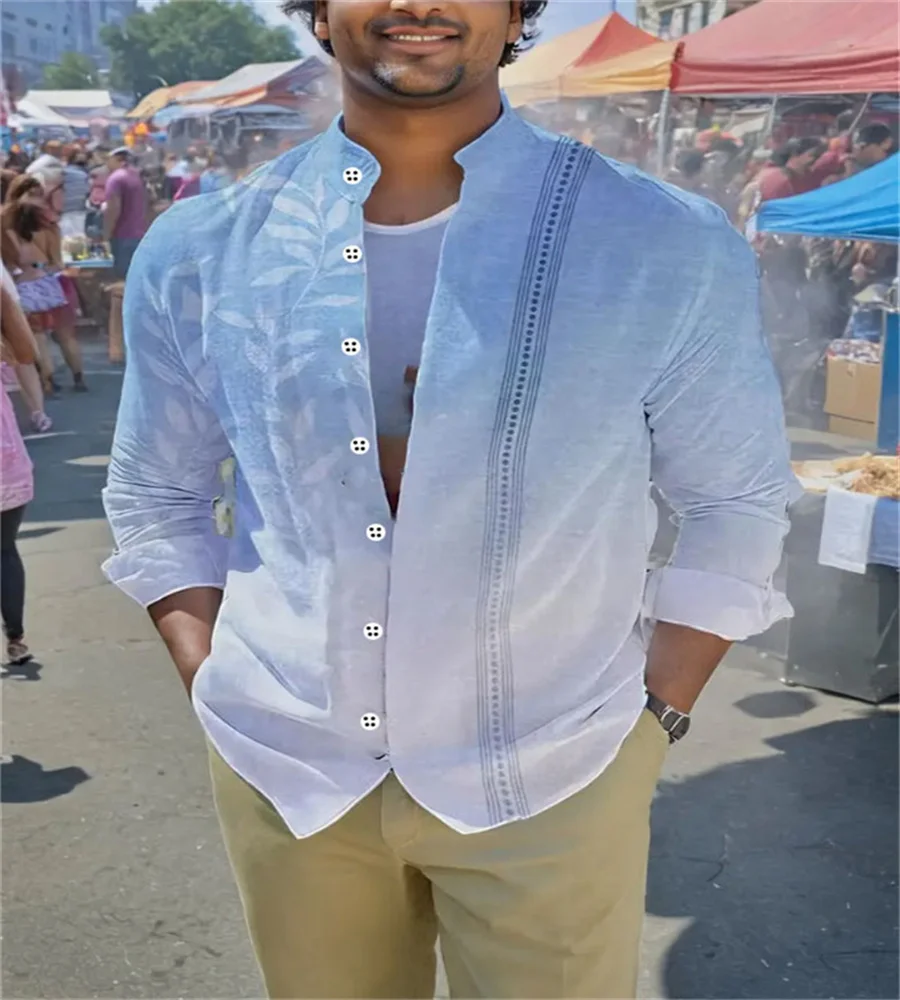 Vintage Mens 100% Cotton Linen Shirts Long-Sleeved Stand Collar Casual Tops 2024 Spring Summer Fashion Men Clothing Retro Shirt