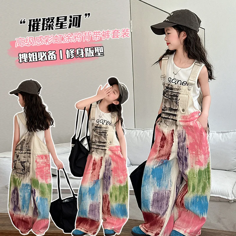 

Комбинезоны для девочек, летние комбинезоны с граффити, новые летние брюки для подростков, подходящие для детей 7–14 лет.