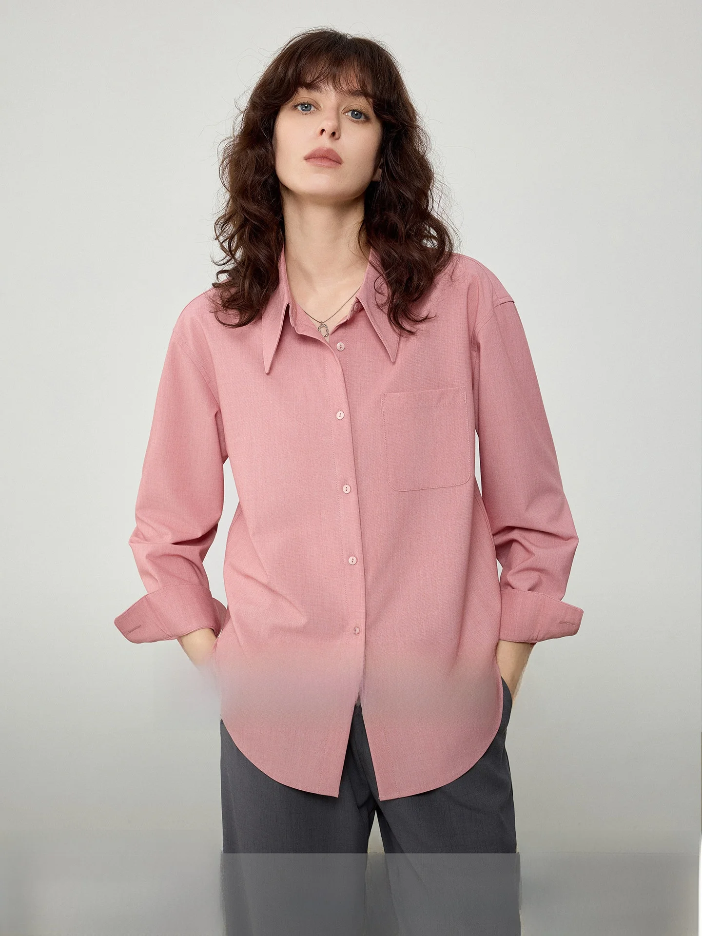

Pink Long Sleeve Women's Shirt Design Sensation Small Audience Draping Commute Top Cleanfit Style Polyester Blend Breathable