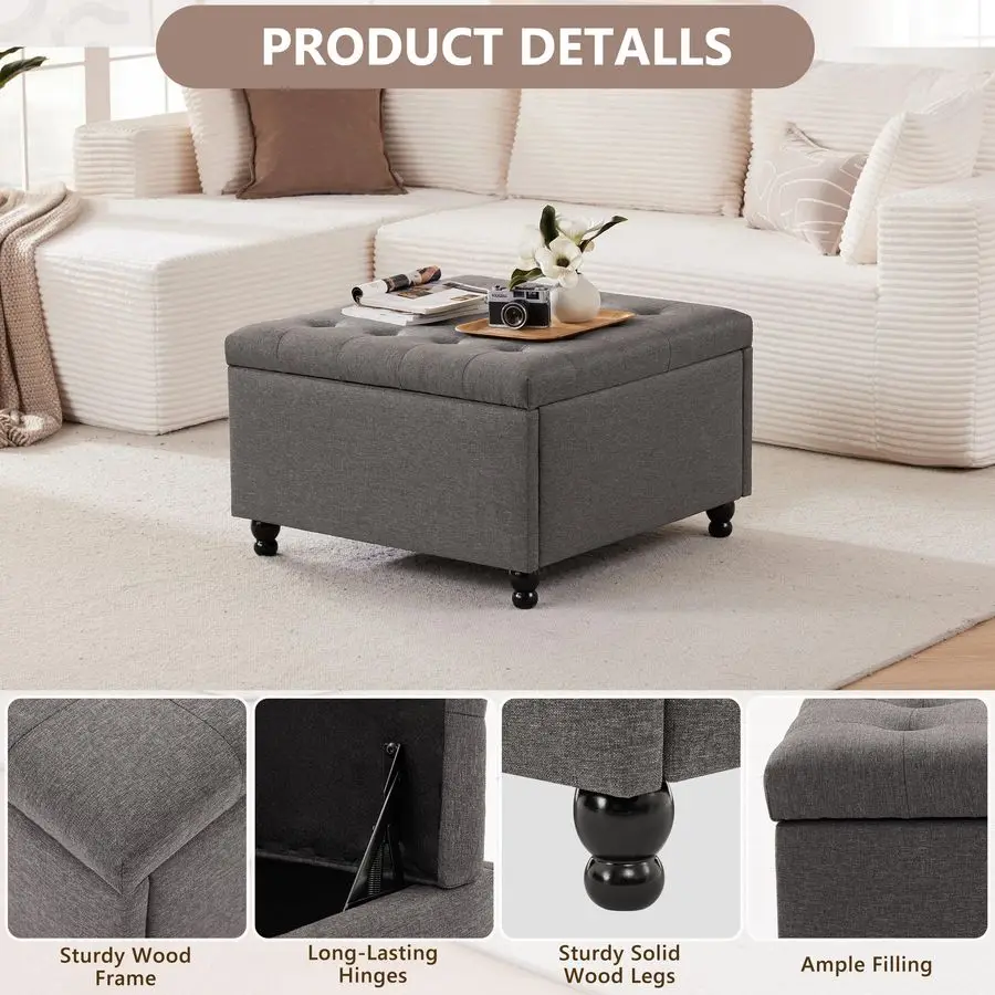 Inch Large Square Storage Ottoman Coffee Table, Oversized Square Ottoman with Storage, Tufted Upholstered Coffee Tables for Liv