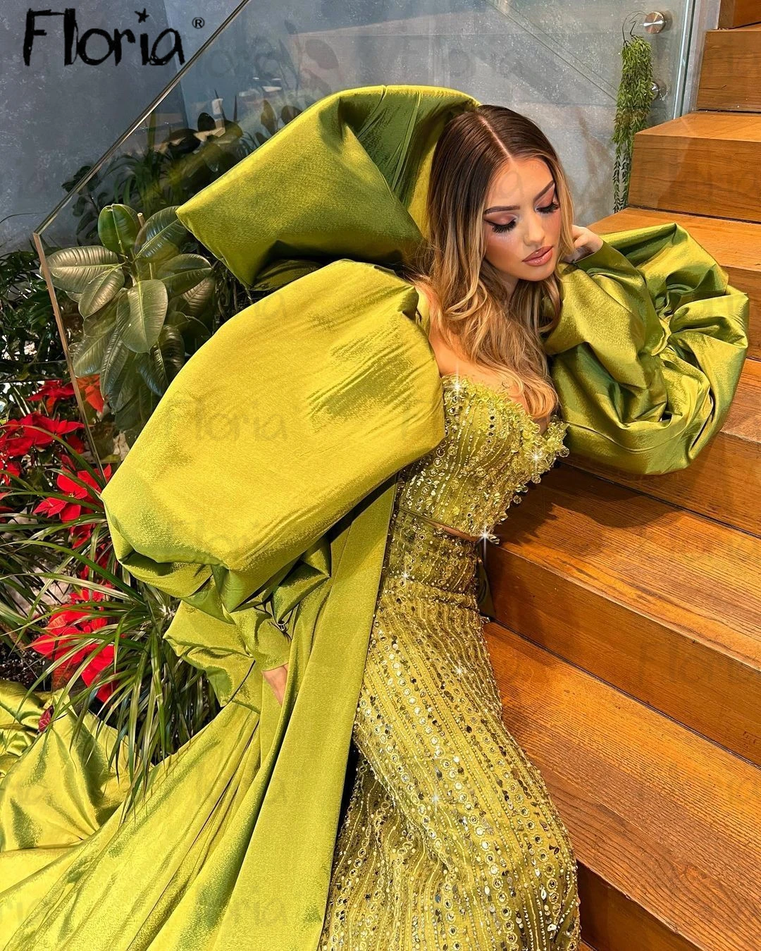 South African Lemon Green Formal Evening Dress Luxury 2024 New Celebrity Influencer Dress Bubble Sleeve Vestidos De Fiesta