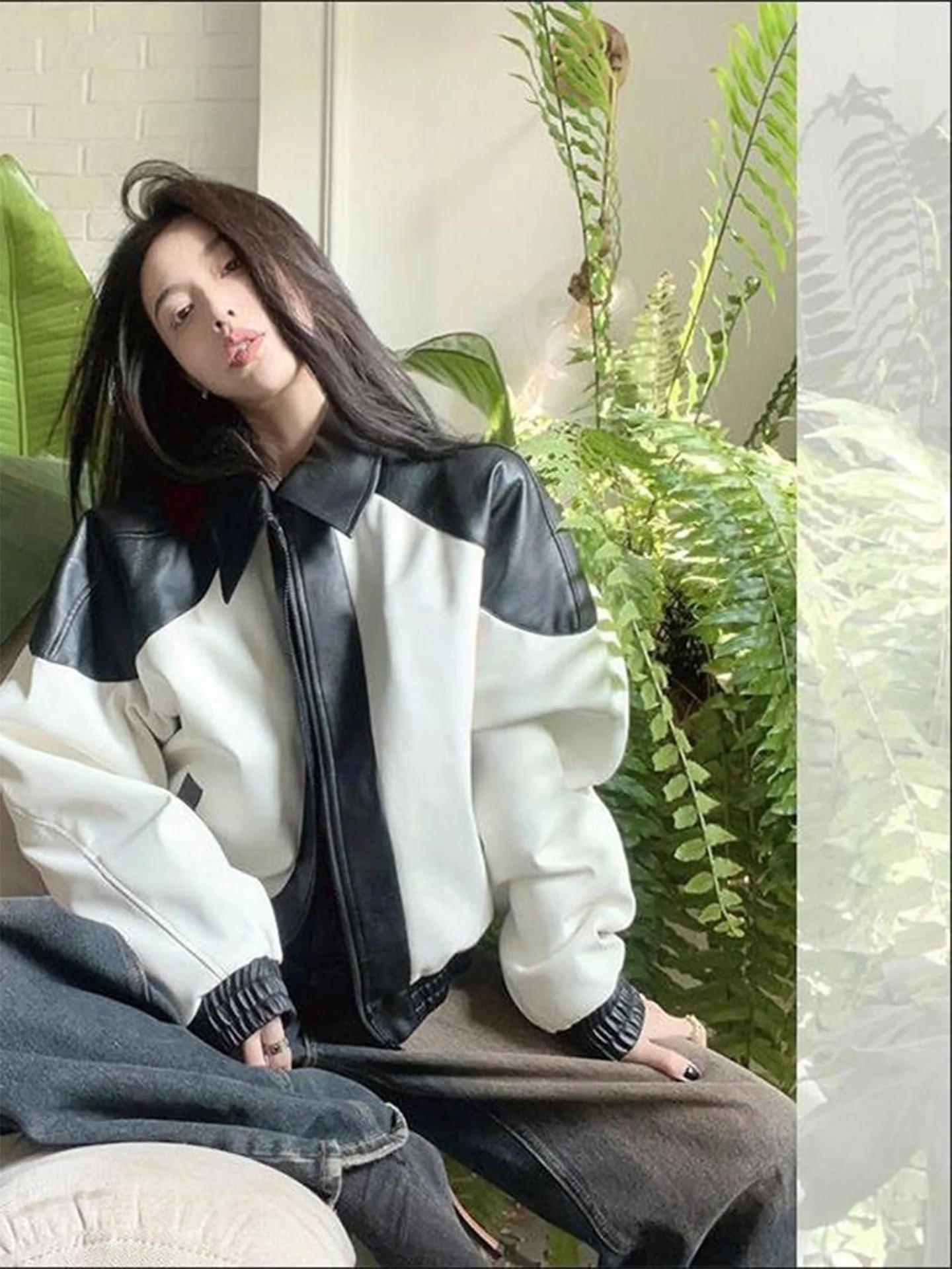 Bla cor branca blo couro jaet feminino beisebol sle roupas de motocicleta topo vintage faion ort outerwear